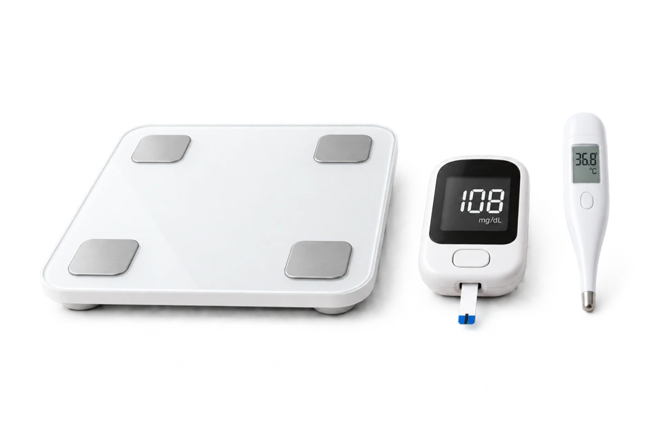 Illustrative scale, glucose meter and thermometer; selected device models define the program scope