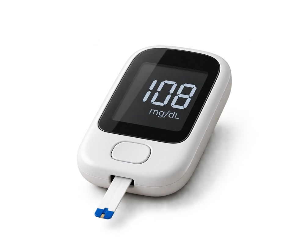 Illustrative glucose meter displaying 108 mg/dL